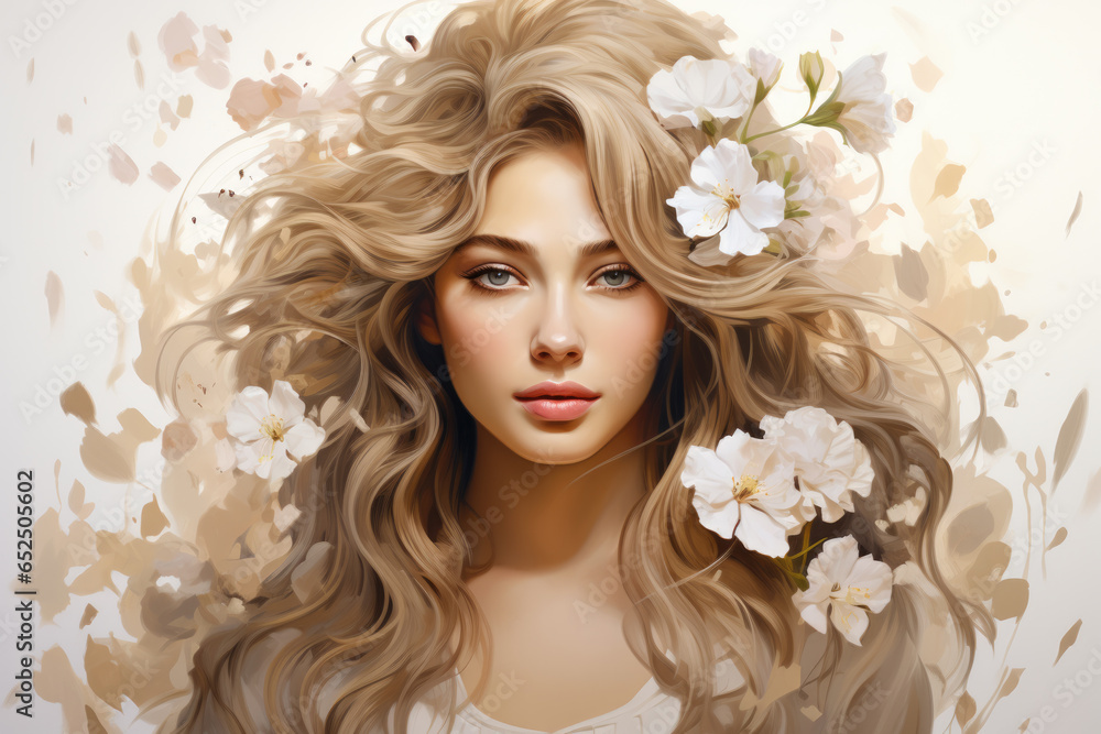 A beautiful painting of a woman with flowers adorning her hair. This artwork captures the essence of femininity and nature. Perfect for home decor or adding a touch of beauty to any space.