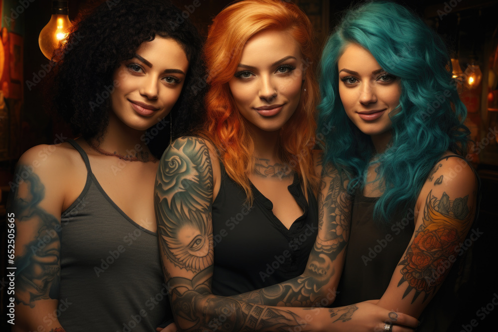 Three women with tattoos are posing for a picture. This image can be used for various purposes such as representing friendship, empowerment, diversity, or a fashion statement.