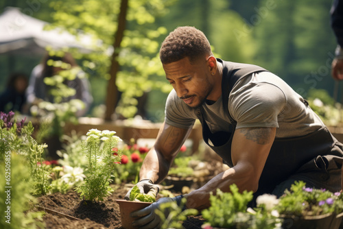 A man is seen kneeling down in a garden  carefully planting flowers. This image can be used to depict gardening  landscaping  or the joy of outdoor activities.