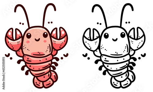 Cute lobster doodle style vector illustration, Cute langouste creature doodle cartoon style colored and black and white line art for coloring book stock vector image