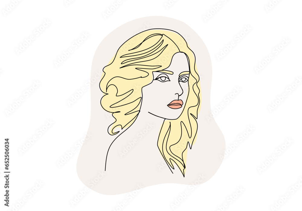 Portrait of young woman. One line drawing colored with pastel colors. Vector illustration.