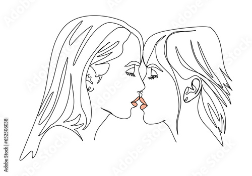 Two girls kiss. One line drawing colored with pastel colors. Vector illustration.