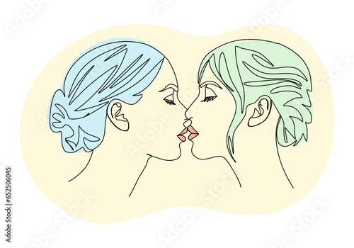 Two girls kiss. One line drawing colored with pastel colors. Vector illustration.
