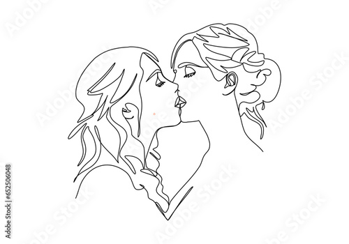 Two girls kiss. One line drawing colored with pastel colors. Vector illustration.