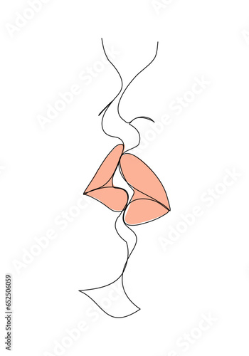 Two girls kiss. One line drawing colored with pastel colors. Vector illustration.