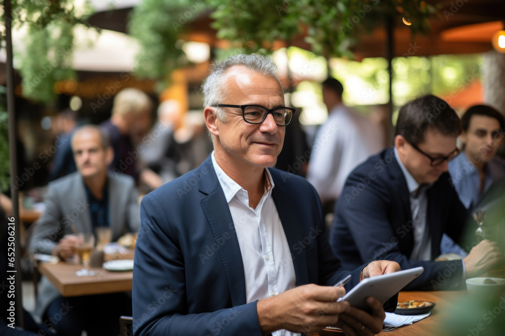 A man is seen sitting at a table with a tablet computer. This image can be used to illustrate technology, modern lifestyle, or remote work. A man is seen sitting at a table with a tablet computer. This image can be used to illustrate technology, modern lifestyle, or remote work.
