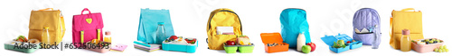 Collage of plastic lunch boxes with tasty food, stationery and bags on white background photo