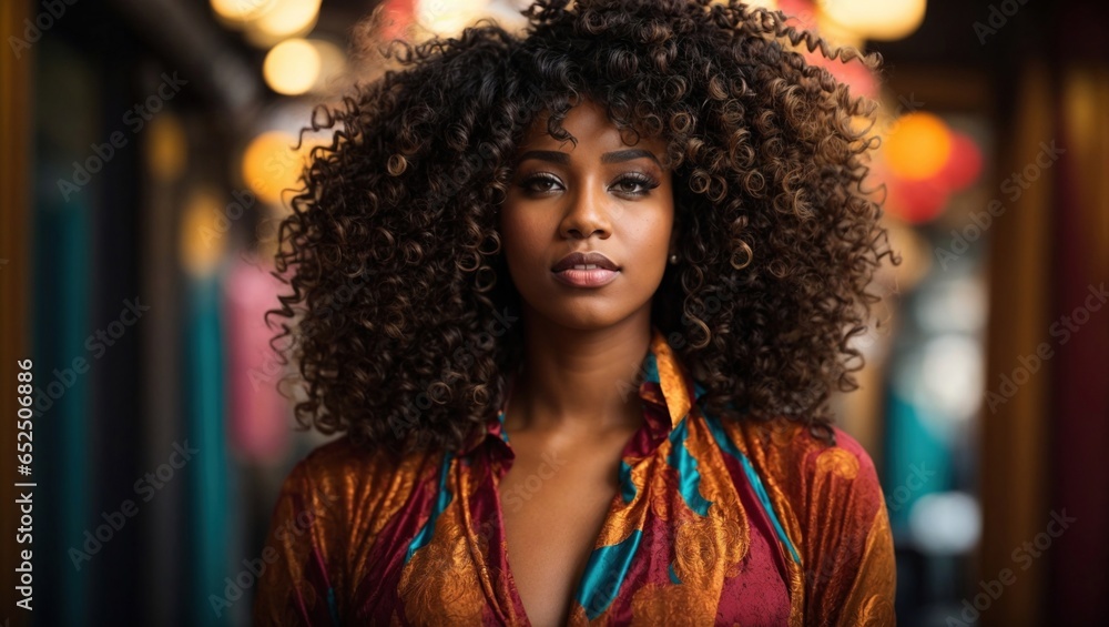 Portrait of a confident and radiant woman with curly hair styled in a voluminous afro, bold and colorful makeup, and a proud and determined expression Portrait of a confident and radiant woman with curly hair styled in a voluminous afro, bold and colorful makeup, and a proud and determined expression