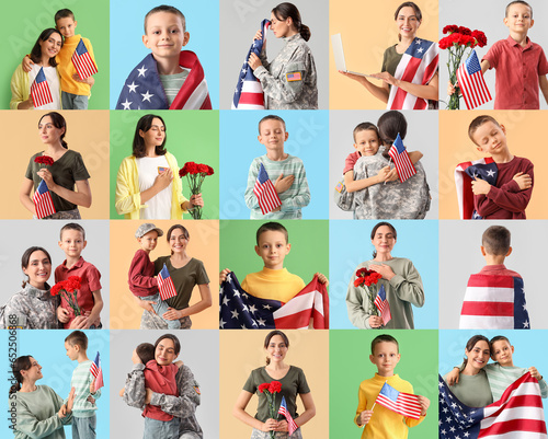 Set of woman and little boy with USA flags and carnation flowers on color background. Remembrance Day