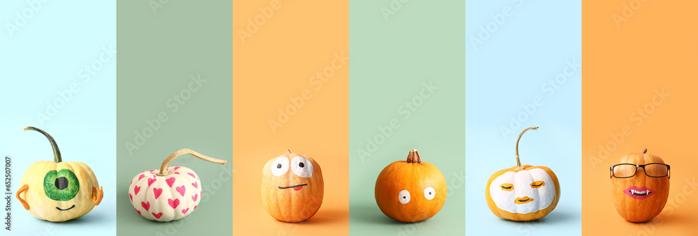 Fototapeta premium Collage with many different Halloween pumpkins on color background