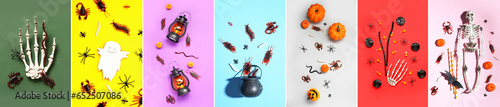 Halloween collage with many decorations on color background