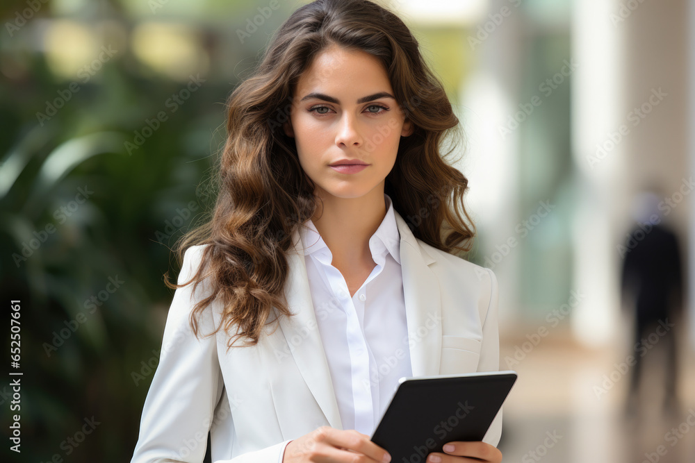 A professional woman dressed in a white suit confidently holds a tablet. This image is perfect for illustrating modern business and technology concepts.