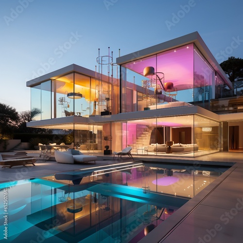 modern mansion that uses colored winow