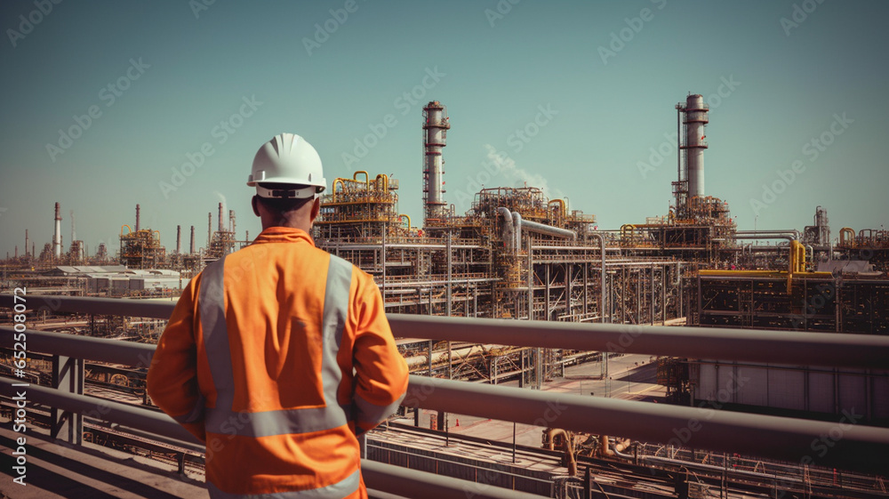 industrial workers at sunset