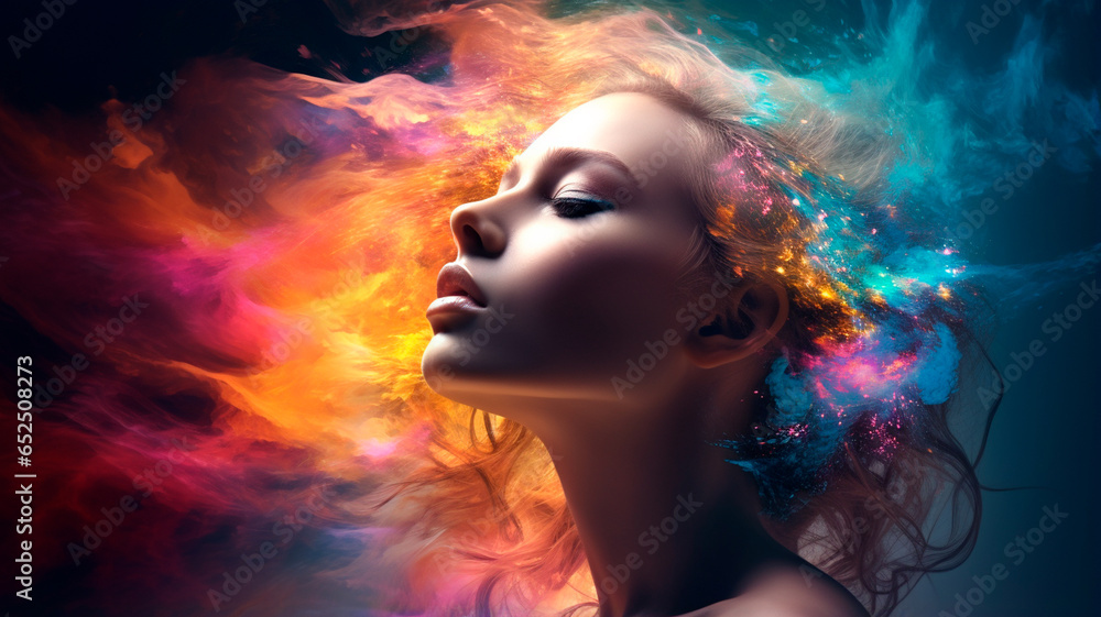 young woman with creative face in abstract lights