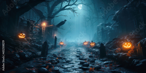 Creepy road in forest, scary pumpkins in dark wood on Halloween night