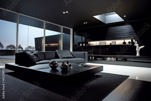 Modern home interior in black style, luxury dark design of living room