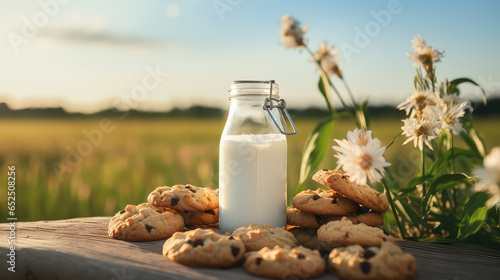 Glass classic bottle of fresh milk and oatmeal cookies on a summer field background with green grass. Useful rustic breakfast in nature. 
