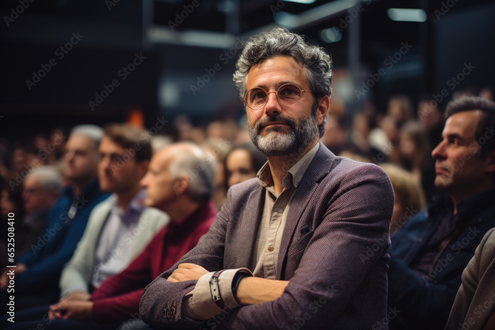 A man is seated in front of a large group of people. This image can be used to represent leadership, public speaking, or addressing an audience. A man is seated in front of a large group of people. This image can be used to represent leadership, public speaking, or addressing an audience.