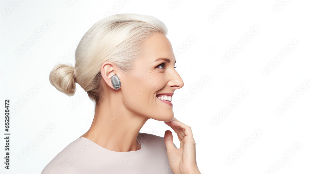 Generative AI, woman, deaf person with electronic hearing aid in ear ...