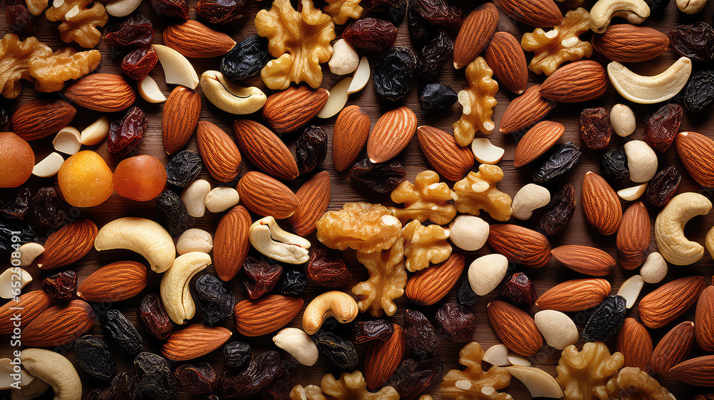 Surface with Nuts and Raisins for Healthy Snack, top view texture, backdrop almonds, raisins, cashews, walnuts and pine nuts.  - obrazy, fototapety, plakaty 