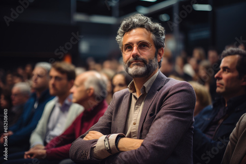 A man is seated in front of a large group of people. This image can be used to represent leadership, public speaking, or addressing an audience.