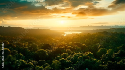 sunrise over the jungle and river. summer sunset