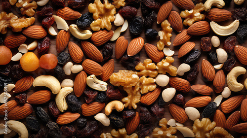 Surface with Nuts and Raisins for Healthy Snack, top view texture, backdrop almonds, raisins, cashews, walnuts and pine nuts. 