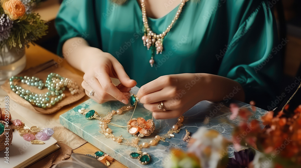 Beading workplace, female hands in process of handicraft. Beautiful diy jewelry hobby, designer handmade jewelry exclusive.  - obrazy, fototapety, plakaty 