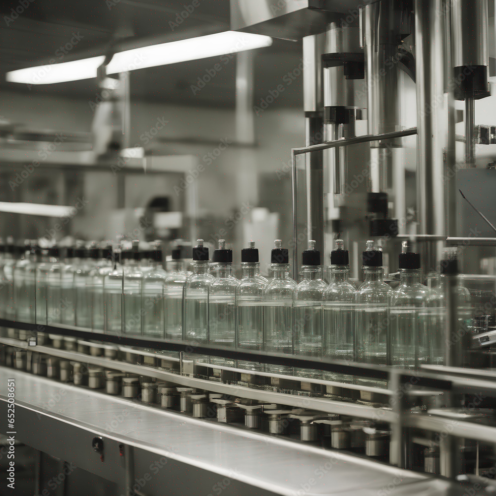 A pharmaceutical production machine is seen working on a line of pharmaceutical glass bottles