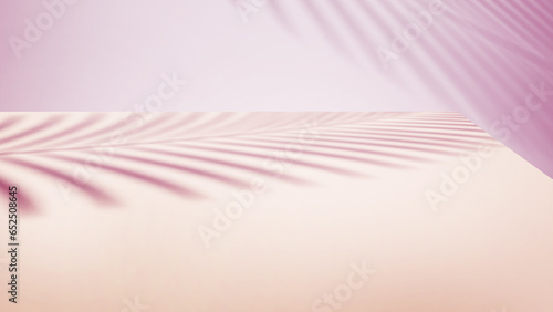 3d render mockup podium stand table shelf. Purple pink beige nude white abstract background. Palm tree leaf shadow. Nature. Light pale pastel. Design beauty product cosmetics. Wall stage room studio.