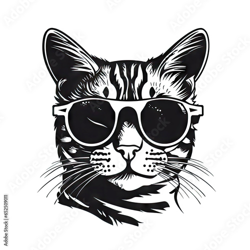 Cool Cat with Sunglasses Isolated, Hipster Animal Black Silhouette Icon, Fashionable Pet on White Background © artemstepanov