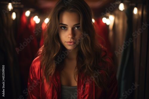 A woman wearing a red jacket looking directly at the camera. This image can be used to convey confidence, style, or as a representation of a modern and fashionable woman. © vefimov