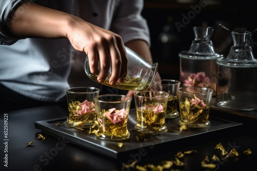 Tea Master Pouring Green Tea, Tea Shop, Flower Buds in Glass Cups, Tea Ceremony Generative AI Illustration