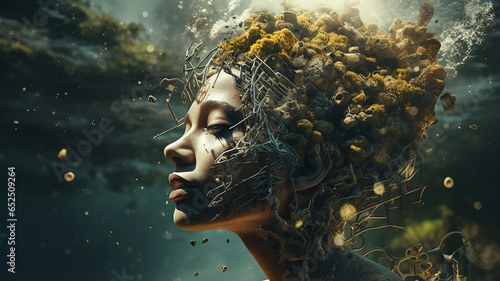 An imaginary image of a woman's face with natural elements on her head. © Sina