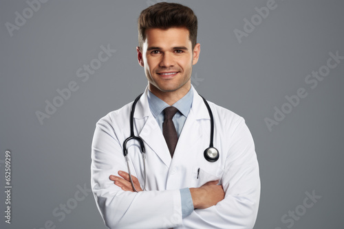 A picture of a man wearing a lab coat and holding a stethoscope. This image can be used to represent a medical professional or doctor in a healthcare setting.