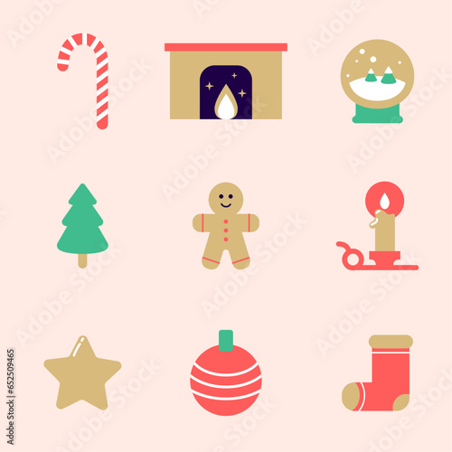 Illustration de Noël. Modèle d'éléments et de pictos vectoriels de la fête de noël, sucre d'orge, cheminée, boule à neige, sapin, bonhomme de pain d'épice, lanterne, étoile, boule de Noël, chaussette