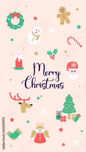 Illustration de Noël. Story Merry Christmas, père Noël, feuille de houx, chaussette, renne, sapin, bougie, traineau, bonhomme de neige, couronne de Noël, sucre d'orge, ange, bonhomme en pain d'épice