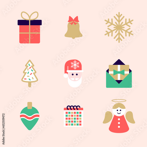 Illustration de Noël. Modèle d'éléments et de pictos vectoriels de la fête de noël, cadeau, cloche, flocon de neige, sapin, sablée, père noël, carte de vœux, boule de Noël, calendrier de l'avent, ange