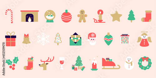 Collection de Noël intégrale, éléments icônes et pictos vectoriels : père noël, sapin, renne, traineau, cadeaux, décoration, flocon, bonhomme de neige, sablée, étoile, ange. Illustration Joyeux Noël