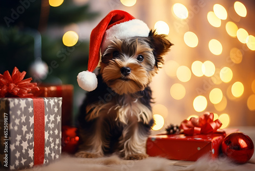 Adorable puppy with blurry festive decor. Puppy Yorkshire terrier with cute expression at Christmas in the Christmas hat. Gifts and Christmas tree in background. Happy New Year, Christmas, holidays co