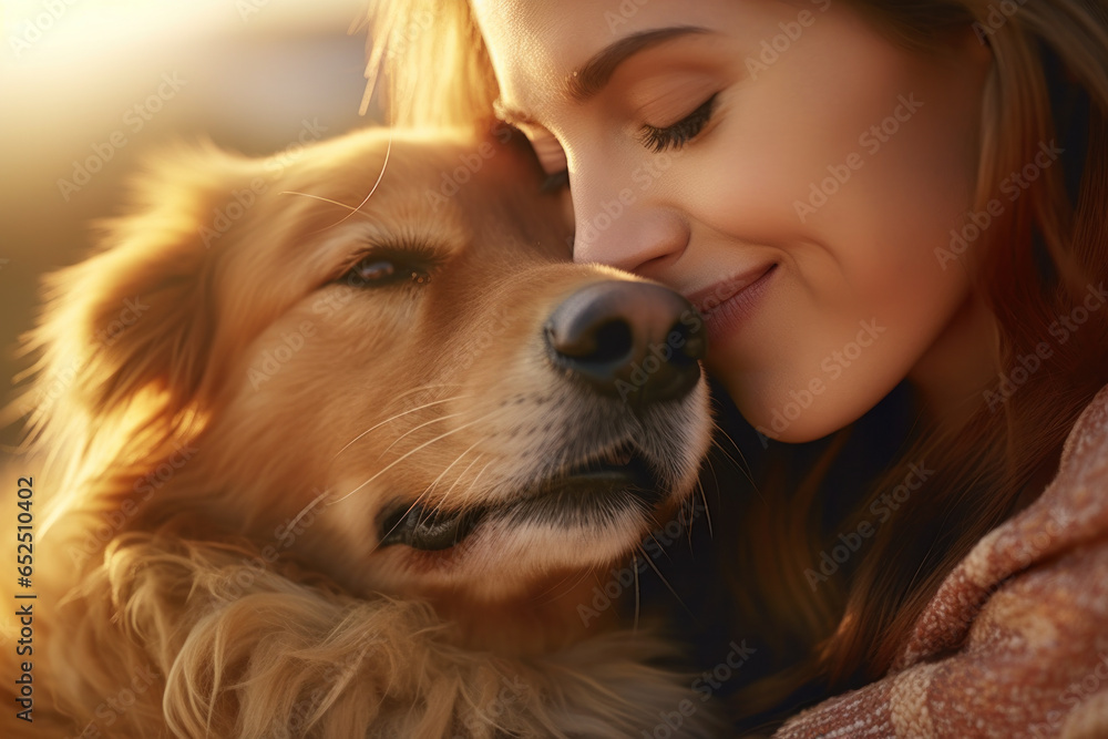 Intimate Close-up of a Loving Woman Expressing Affection, Gently Petting Her Devoted Dog, Bathed in the Warm and Golden Hues of the Setting Sun.