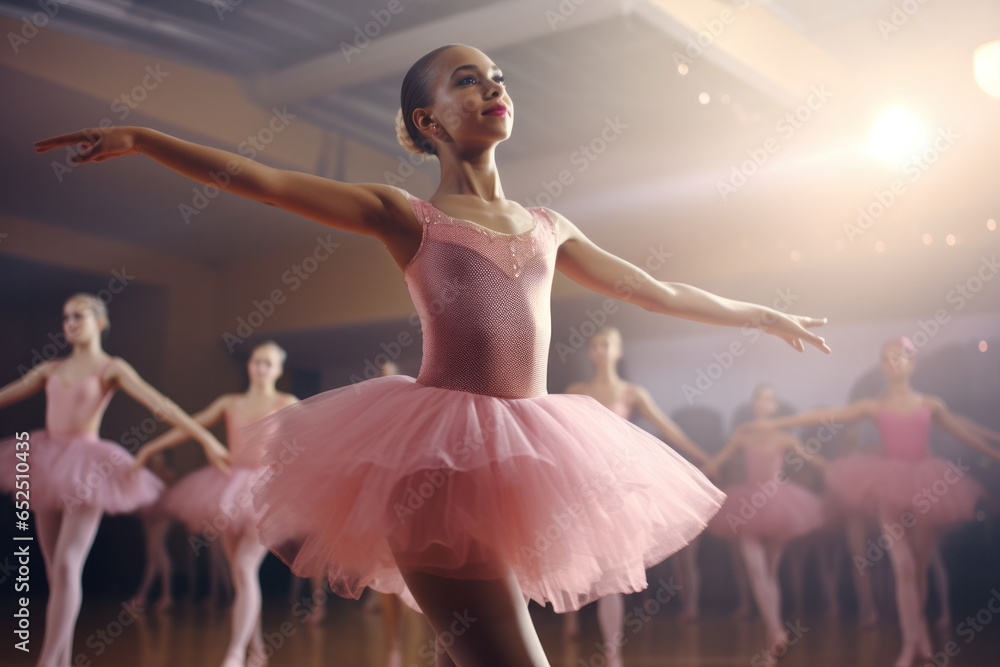 Fototapeta premium Joyful Girl in a Pink Tutu Skirt Enjoying a Fun Ballet Class, Radiating Happiness and Energy, with Fellow Aspiring Dancers Practicing in the Background.