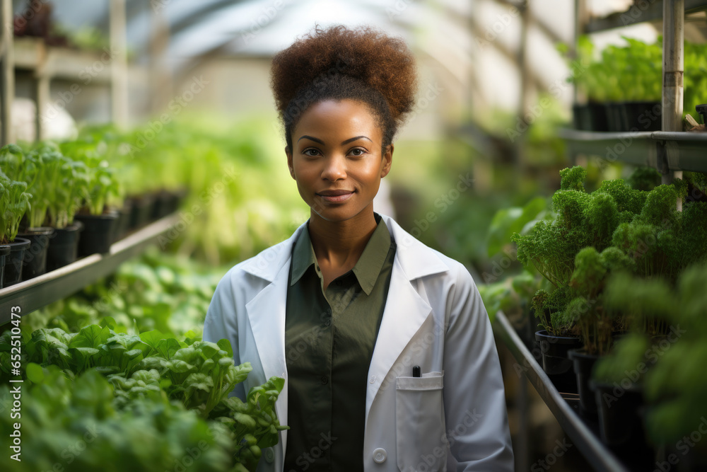 A woman wearing a lab coat standing in a greenhouse. This image can be used to represent scientific research, botany, or gardening. - obrazy, fototapety, plakaty 