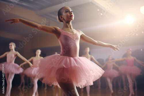 Joyful Girl in a Pink Tutu Skirt Enjoying a Fun Ballet Class, Radiating Happiness and Energy, with Fellow Aspiring Dancers Practicing in the Background.