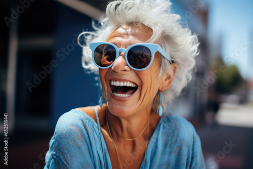 An older woman with white hair wearing stylish blue sunglasses. This image can be used to represent fashion, style, aging gracefully, or senior fashion trends.