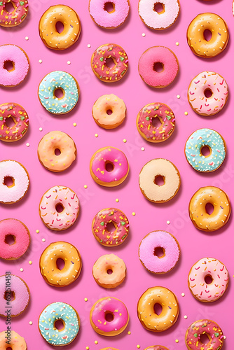 Wallpaper pattern of a cute doughnut, patternator, pink background. Food concept artwork photo