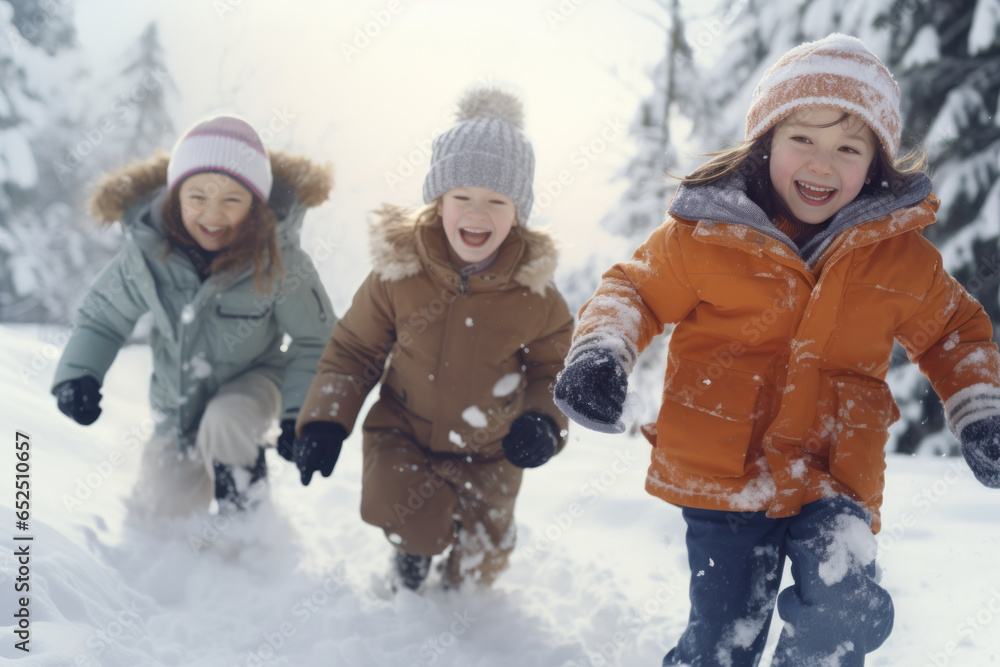 Joyful Trio of Children Immersed in Winter Fun, Playing Amidst the Snow-Blanketed Trees, Reveling in the Crisp Air and Enchanting Forest Surroundings.