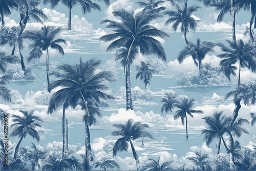 Toile de jouy tropical island with many palms blue and white photo