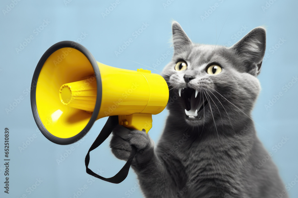 Fototapeta premium A gray cat holding a yellow megaphone in its mouth. Perfect for advertising, promotions, or communication-themed designs.